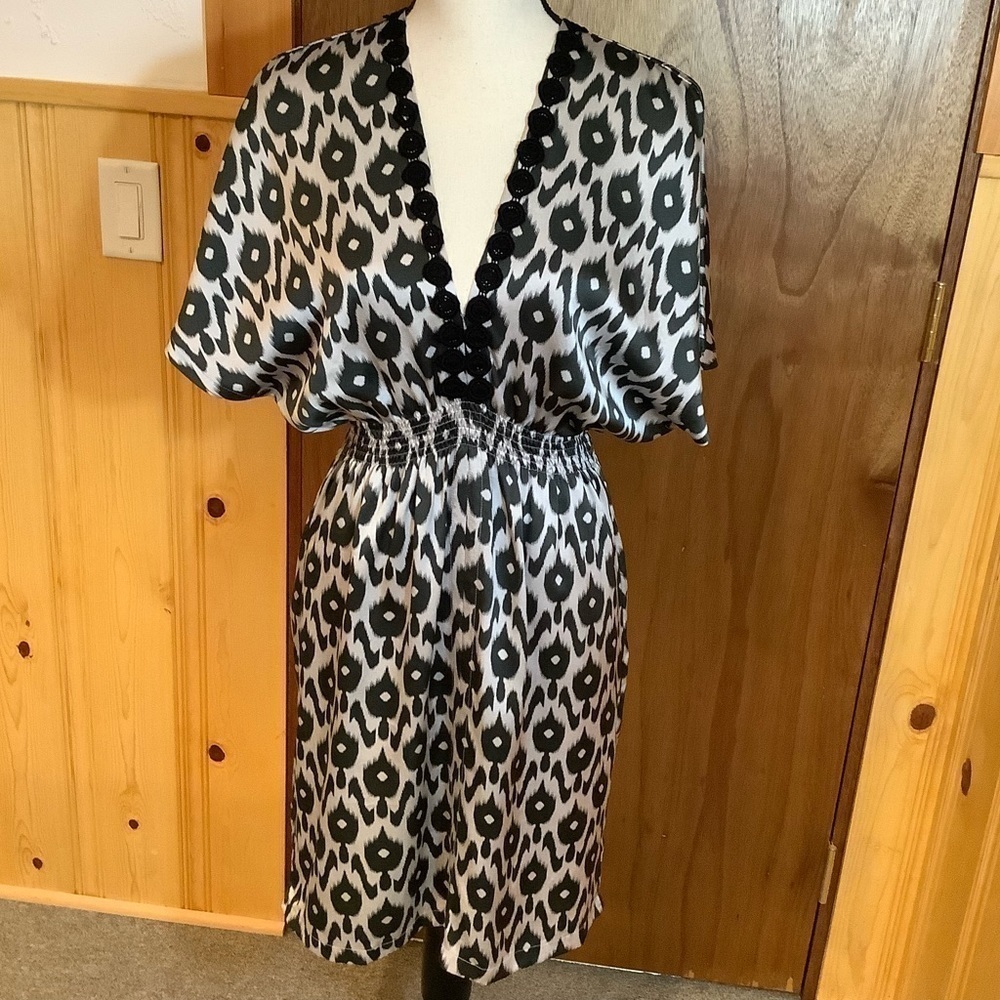 Lulu Yasmine Black and Light Grey Print Silk Dress Sz-S
